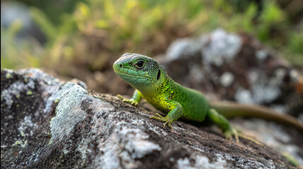 Small green lizard sitting on a rock and staring at the camera ,cows, cutie puppy, kitten, sheep, parrot, lizard, photo style
