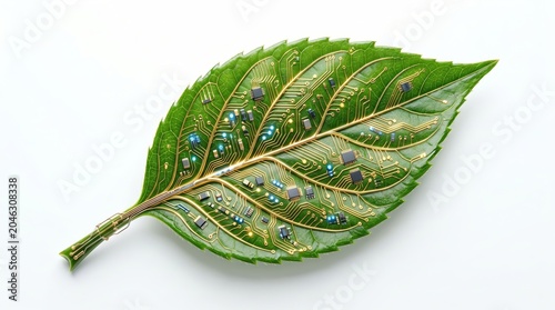 Green leaf with integrated electronic circuits and microchips on white background, concept of green technology and biotechnology innovation