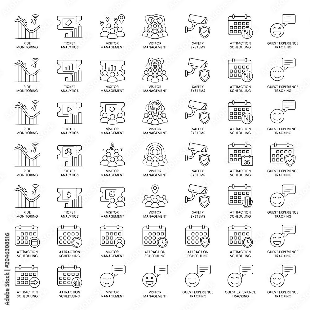 Naklejka premium Flat Icons Of Amusement Park Operations And Guest Services
