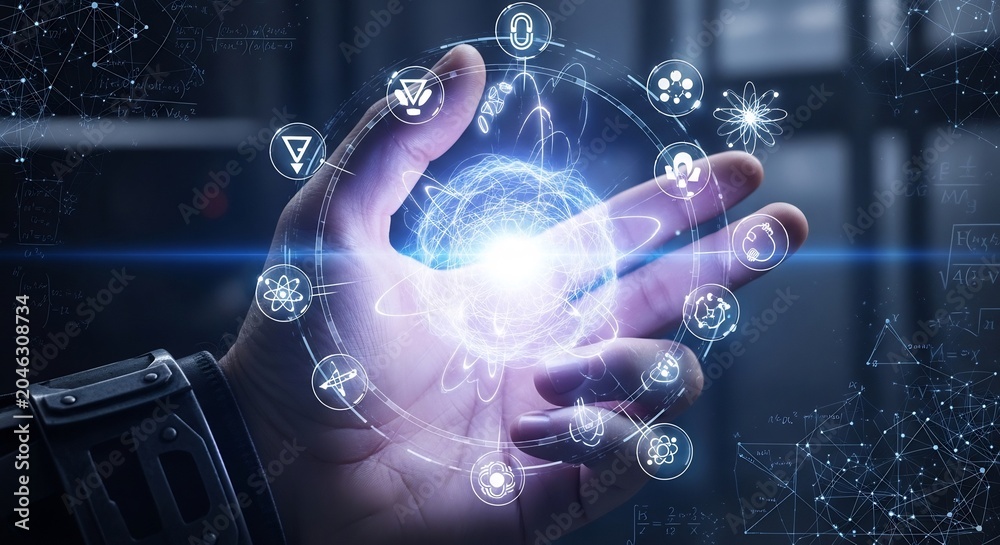 Fototapeta premium Futuristic Human Hand Holding Glowing Atomic Hologram in Dark Technology Interface