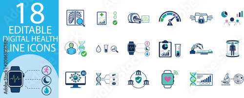 Bild auf Leinwand Advanced Medical AI and Digital Healthcare Line Icons Set for Bioinformatics, Te