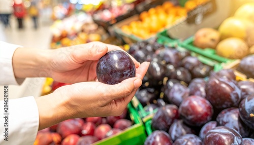 A person holding a ripe plum while shopping for fresh fruit in a supermarket produce aisle. The plums are deep purple and glistening, surrounded by a variety of other fruits