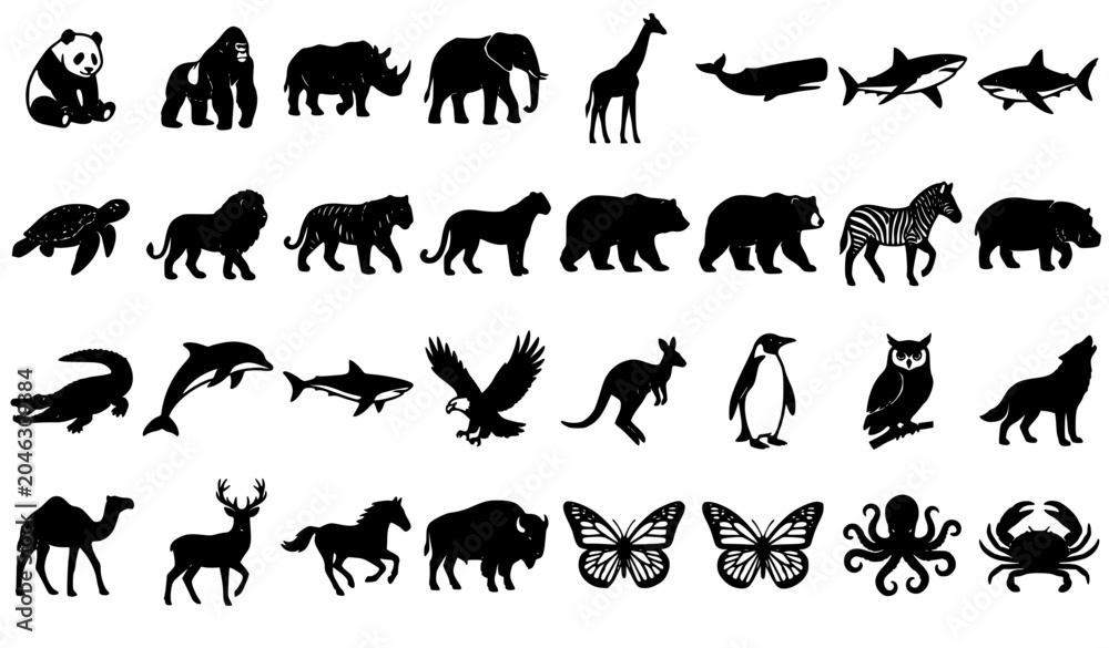 Fototapeta premium Wildlife Animal Silhouette Collection with Safari and Marine Species Vector Icons