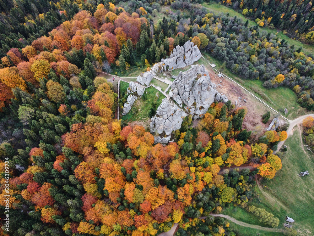 Fototapeta premium Aerial view of rock formation amidst vibrant autumn forest. Landscape features winding pathways and scattered structures, ideal for outdoor activities and exploration. Carpathian mountains, Ukraine.