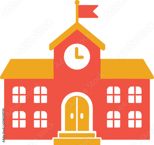 Vibrant School Building Illustration with Clock Tower