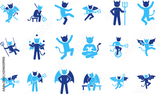 Obraz na plátně Playful imp or fiend character icons in various poses for fantasy themes and design elements