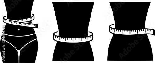 Fotografia Black silhouettes of female torsos with measuring tapes around waists, illustrating weight loss and body shape changes, healthy lifestyle and fitness concepts