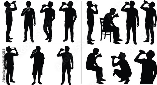 Photos Set of black silhouettes featuring men standing and drinking beverages from bott