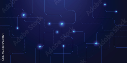 Abstract blue technology background with glowing nodes and curved digital connection lines, futuristic network pattern, data communication and innovation concept