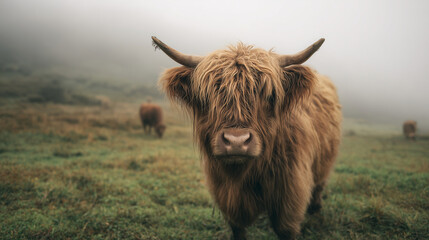 Highland cow with shaggy fur facing the camera in misty countryside ,cows, cutie puppy, kitten, sheep, parrot, lizard, photo style