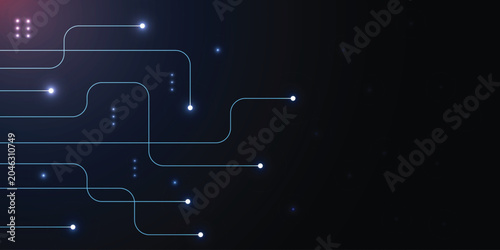 Abstract dark blue technology background with glowing nodes and curved digital lines, futuristic network connection design, cyber data communication concept