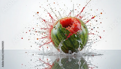 A vibrant and dynamic image of a watermelon exploding with juice and water splashing everywhere.