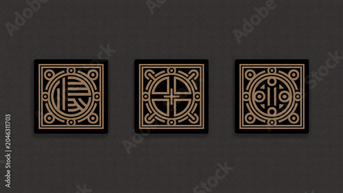 Three Square Panels with Intricate Geometric Ornate Symbols in Gold and Black on Textured Background Keywords: geometric, symbols, ornate, gold, black, square, panels