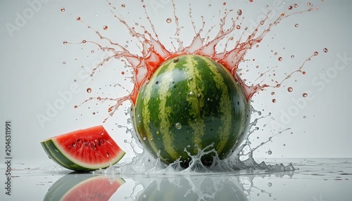 A juicy watermelon explodes with vibrant red liquid splashing everywhere on a clean surface