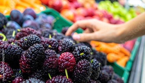 A hand selecting fresh mulberries from a vibrant display in a grocery store. The shot focuses on the rich, dark berries with a variety of colorful fruits blurred in the background