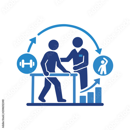 Physical therapy support icon with dumbbell and exercise silhouette blue tones