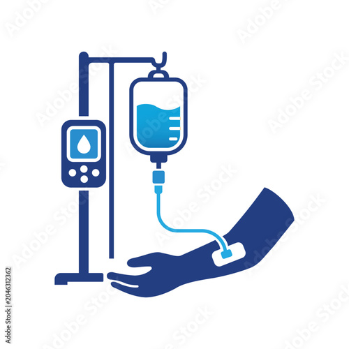 Iv Infusion Setup Illustration Flat Vector Graphic With Blue And Dark Blue Tones