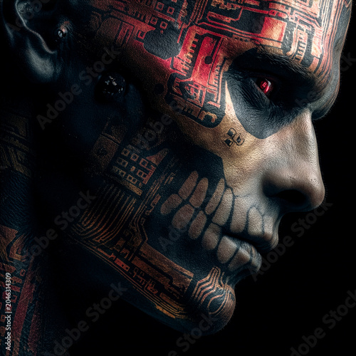 Cyberpunk Cyborg Human Face with Circuit Board Skin Texture and Red Glowing Eye Digital Art Portrait