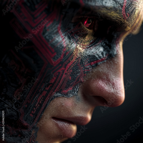 Cyborg Human Face Close-Up with Circuit Board Pattern and Glowing Eye Digital Art Concept