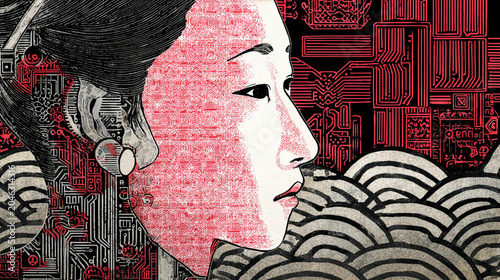 Japanese Ukiyo-e Style Woman Portrait with Circuit Board Technology Fusion Digital Art Illustration Red Black