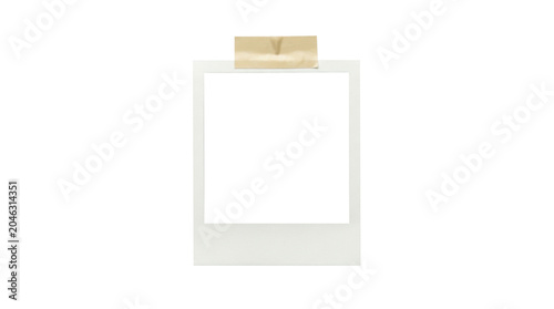 A white polaroid photo frame with a beige tape on top isolated on transparent background