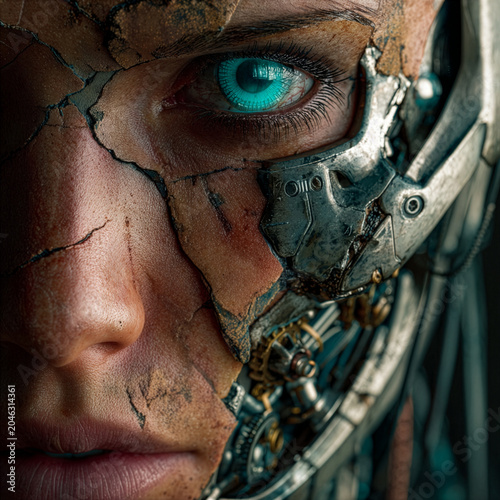 Cyborg Woman Face Close Up with Glowing Teal Eye Cracked Skin and Mechanical Parts Futuristic AI Robot Concept