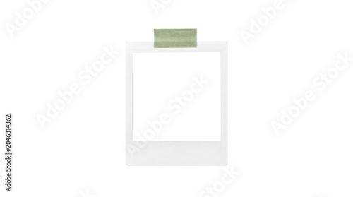 A white polaroid photo frame with a green clip on top isolated on transparent background