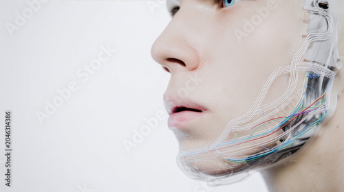 Humanoid Robot Face with Exposed Wiring and Circuit Panels Close-Up Profile View Artificial Intelligence Concept