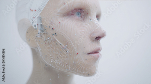 AI Robot Human Face with Circuit Board Lines and Futuristic Technology Design on White Background