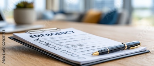 A checklist of emergency items is marked off on paper with a pen beside it, emphasizing the importance of safety and preparedness