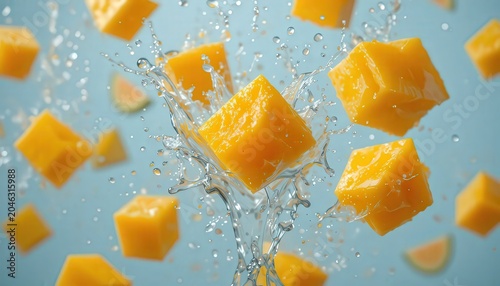Mango cubes splashing in water on a light blue background