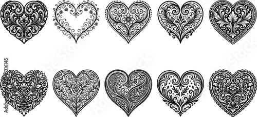 Photos Set of ten black ornate heart shapes with intricate floral and vintage patterns