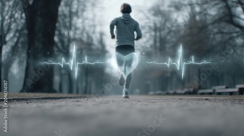 Fitness influencer running through park paths in nature digital heart rate visualization enhancing wellness and motivation