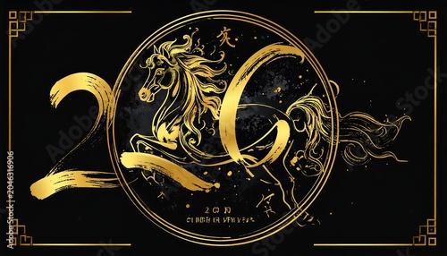 A black square with a gold horse design and the number 26