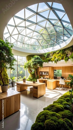 Modern Office Interior with Lush Greenery and Geodesic Dome Skylight.