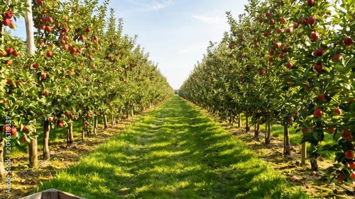 Long rows of apple trees are laden with ripe red apples in a sunny orchard. A rustic wooden crate is moved across the vibrant green grass. The scene suggests a bountiful autumn harvest.