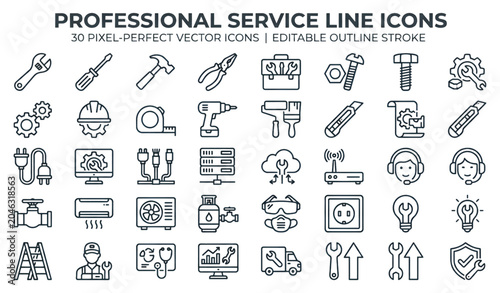 Service Line Vector Icon Set with Work Tools Repair and Technology Symbols