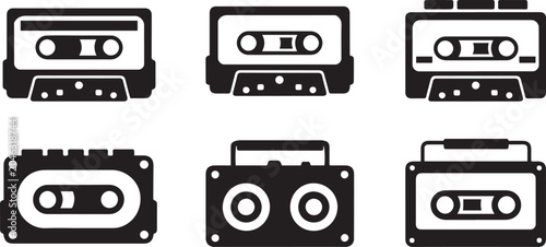 Cassette black vector. vintage cassette player vector. Vector set of cassettes. Black icon silhouette vector