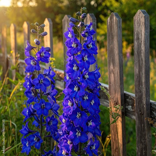 Vibrant Blue Delphinium Flowers Bloom Beside Rustic Wooden Fence in Golden Sunlight.
