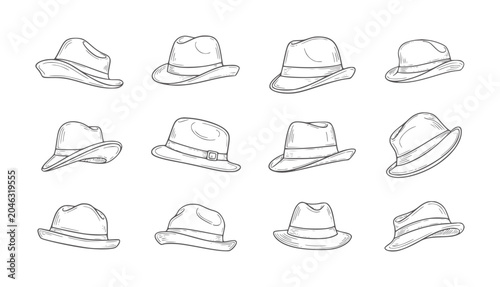 Tableau sur toile Collection of twelve hand-drawn fedora hats in various styles and angles vintage