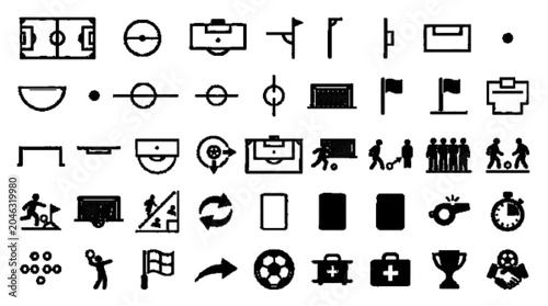 Foto Create 35 unique football field symbols, center circle, penalty box, corner arc, touchline marker, goal area, black vector only