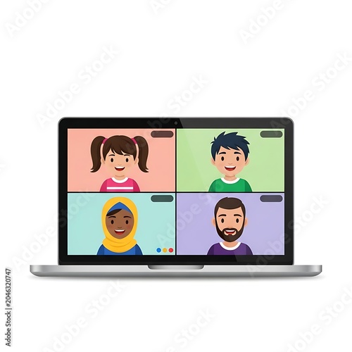 Four diverse people on a video conference call on laptop.
