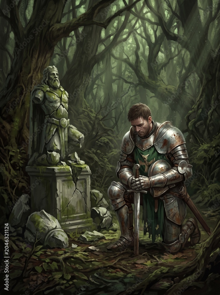 Fototapeta premium A Knight's Vigil: A lone knight in ornate armor kneels in silent prayer before a weathered stone monument amidst an ancient, moss-covered forest.