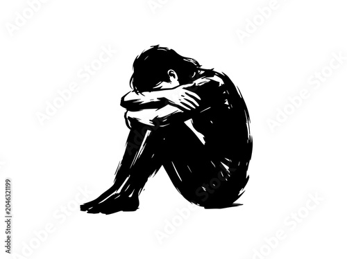 Fotografie Sadness Personified: Figure Huddled in Despair, Isolation, and Loneliness