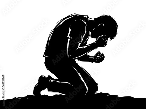 Foto Silhouette of a man kneeling and crying, expressing despair and sadness