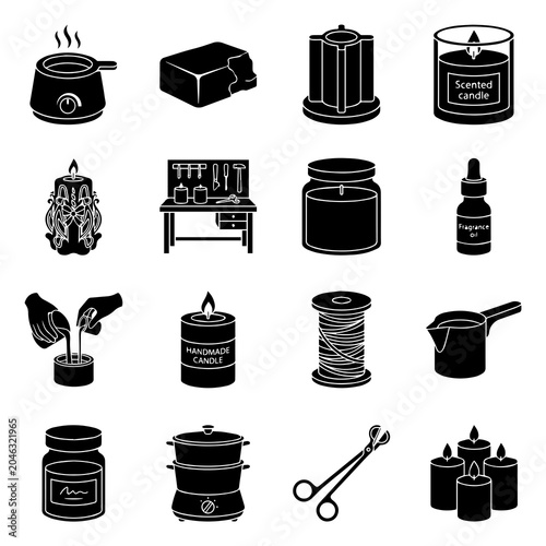Fotografie Candle Making Supplies Collection Black Silhouette Icons On White Background