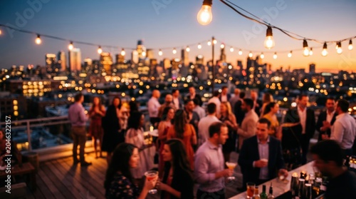 Rooftop bar party bokeh people socializing city skyline sunset golden hour cocktails string lights nightlife celebration gathering urban lifestyle
