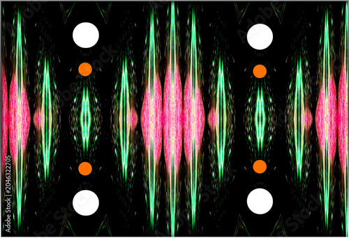 The image features a symmetrical arrangement of colorful patterns against a black background. Neon shades of pink, green, and orange stand out prominently, intersected by white circles.