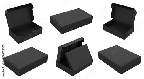Set Of Black Cardboard Mailer Box Mockups Isolated On Transparent Background For Shipping Packaging And Branding Design
