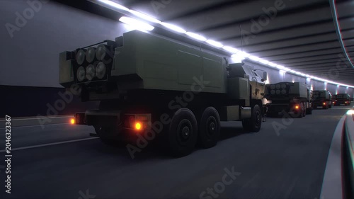 3d model Military Rocket Artillery System Transported Through Tunnel in Convoy. Realistic 4k animation.